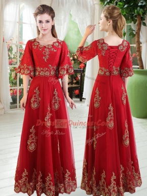Suitable Red Tulle Lace Up Scoop Half Sleeves Floor Length Dress for Prom Lace