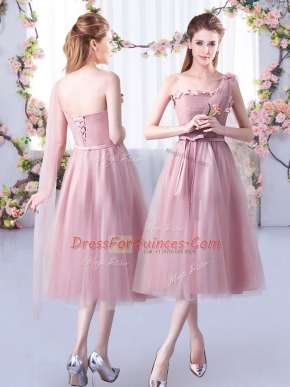 One Shoulder Sleeveless Tulle Court Dresses for Sweet 16 Appliques and Belt Lace Up