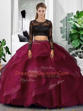 Adorable Floor Length Fuchsia Quinceanera Dresses Scoop Long Sleeves Backless