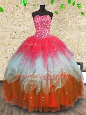 Tulle Sleeveless Floor Length 15 Quinceanera Dress and Beading and Ruffles and Ruffled Layers