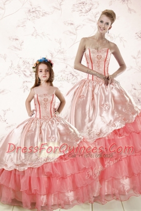 Hot Selling Watermelon Red Organza Lace Up Sweetheart Sleeveless Floor Length Quinceanera Gown Embroidery and Ruffled Layers