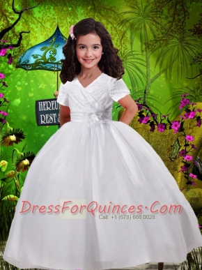 Beautiful V-neck Ball Gown Little Girl Pageant Dresses with Short Sleeves