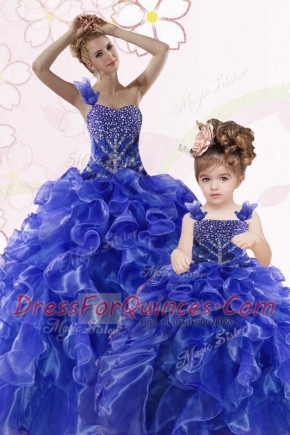 One Shoulder Floor Length Lace Up Sweet 16 Dresses Royal Blue for Military Ball and Sweet 16 and Quinceanera with Beading and Ruffles