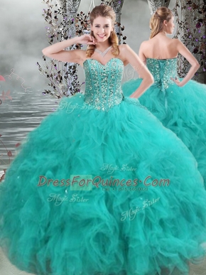 Fabulous Floor Length Turquoise Quinceanera Dresses Organza Sleeveless Beading and Ruffles