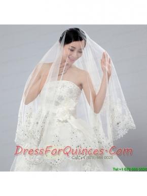 2014 Cheap Two-Tier White Fingertip Veil with Lace Edge