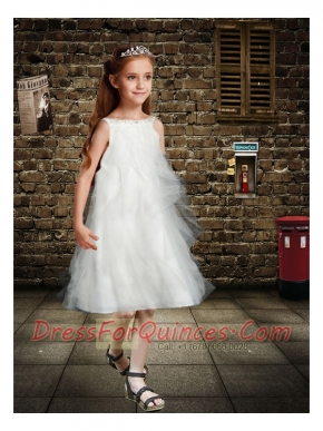 Bateau A-Line Knee-length Tulle Ruching Flower Girl Dress for 2014