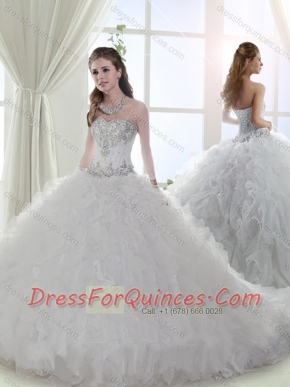 Beautiful Beaded and Ruffled Organza White Discount Quinceanera Dresses with Brush Train