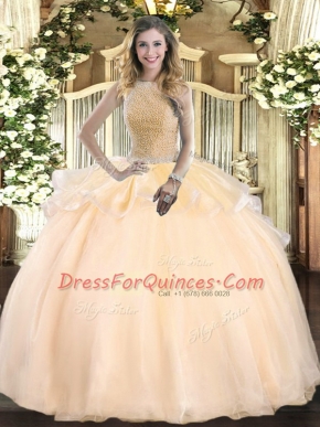 Super Peach Quinceanera Dress Military Ball and Sweet 16 and Quinceanera with Beading High-neck Sleeveless Lace Up
