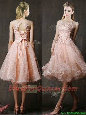 See Through Beaded and Applique Peach Prom Dresses with Polka Dot