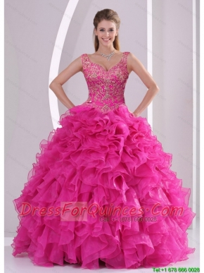 Detachable Hot Pink Quince Dresses with Beading and Ruffles for 2015