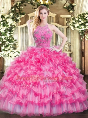 Noble Floor Length Hot Pink Ball Gown Prom Dress Tulle Sleeveless Beading and Ruffled Layers