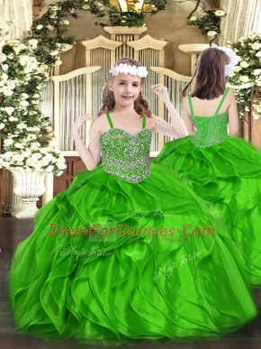 Sleeveless Floor Length Beading and Ruffles Lace Up Little Girl Pageant Gowns with Green