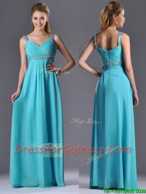 Beautiful Empire Aqua Blue Long Prom Dress with Beading and Ruching
