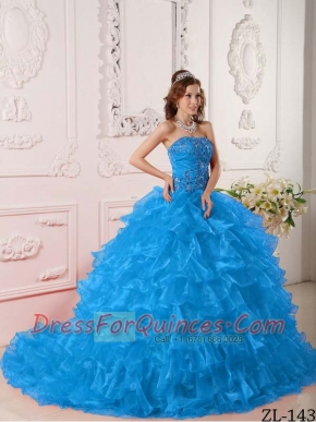 New Styles In Teal Ball Gown Strapless With Organza Ruffles And Embroidery Quinceanera Dress