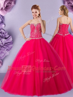 Hot Pink Ball Gowns Beading Vestidos de Quinceanera Lace Up Tulle Sleeveless Floor Length
