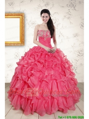 2015 Hot Pink Strapless Quinceanera Dresses with Beading and Ruffles