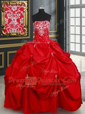 Floor Length Red Sweet 16 Dresses Taffeta Sleeveless Beading and Pick Ups