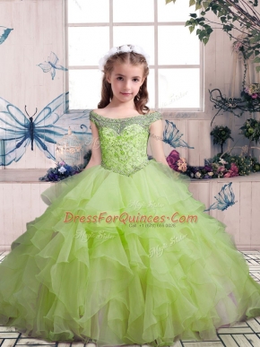 Dazzling Sleeveless Floor Length Beading and Ruffles Lace Up Little Girls Pageant Dress Wholesale with Yellow Green