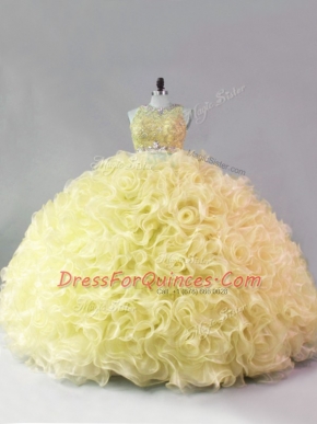 Yellow Ball Gowns Scoop Sleeveless Fabric With Rolling Flowers Floor Length Zipper Beading Vestidos de Quinceanera