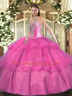 Charming Ball Gowns Sweet 16 Dress Hot Pink Sweetheart Tulle Sleeveless Floor Length Lace Up