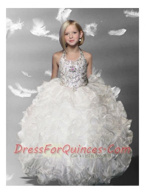 2014 White Ball Gown Halter Beading Little Gril Pageant Dress