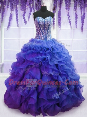 Great Sweetheart Sleeveless Vestidos de Quinceanera Floor Length Beading and Ruffles Royal Blue Organza