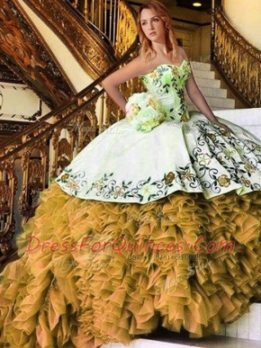 Best Selling Yellow And White Sleeveless Floor Length Appliques and Embroidery Lace Up 15 Quinceanera Dress