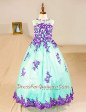 Designer Scoop Floor Length Turquoise Flower Girl Dresses for Less Tulle Sleeveless Beading and Lace and Appliques