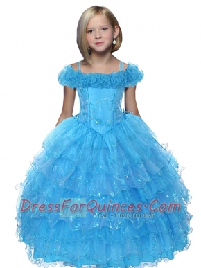 Blue Off the Shoulder Appliques Little Girl Pageant Dress with Ruffles for 2014