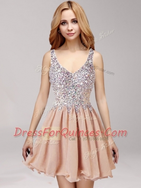 Straps Mini Length Champagne Chiffon Sleeveless Beading and Ruffles