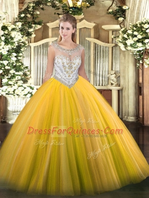 Gold Zipper Ball Gown Prom Dress Beading Sleeveless Floor Length