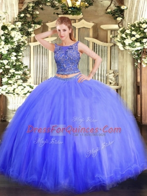 Customized Blue Tulle Lace Up Quinceanera Gowns Sleeveless Floor Length Beading