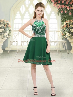 Dark Green Sleeveless Beading Knee Length Prom Dresses