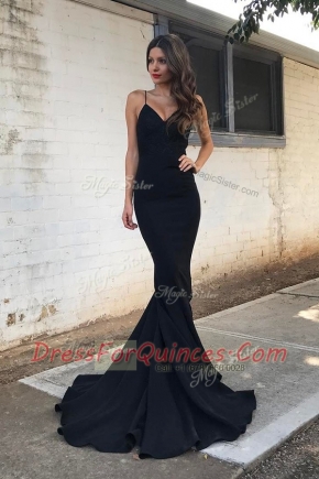 Eye-catching Mermaid Black Sleeveless Sweep Train Ruching With Train Prom Evening Gown