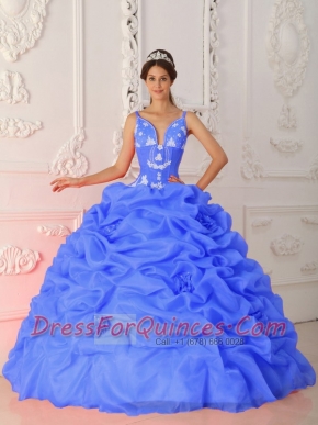 Romantic Satin and Organza Blue Ball Gown Straps Floor-length  Appliques Beautiful Quinceanera Dress