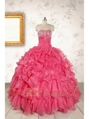 Hot Pink Strapless Beading and Ruffles Ball Gown 2015 Quinceanera Dresses