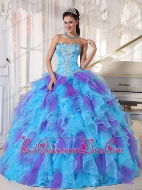 Baby Blue and Purple Ball Gown Strapless Floor-length Organza Appliques Quinceanera Dress