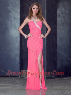 Romantic One Shoulder Pink Prom Dress with High Slit and Beading