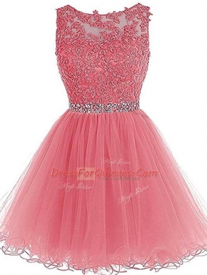 Adorable Mini Length Pink Tulle Sleeveless Beading and Lace and Appliques and Ruffles