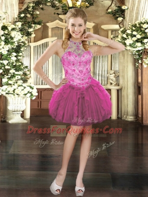 Deluxe Sleeveless Tulle Mini Length Lace Up Prom Evening Gown in Fuchsia with Beading and Ruffles