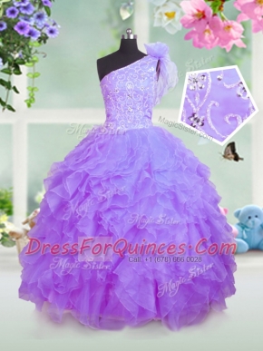 Stylish Lavender Ball Gowns One Shoulder Sleeveless Organza Floor Length Lace Up Beading and Ruffles Little Girl Pageant Dress