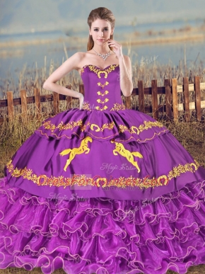 Elegant Embroidery and Ruffled Layers Quinceanera Gown Purple Lace Up Sleeveless
