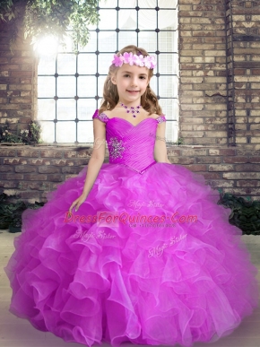 Floor Length Fuchsia Little Girls Pageant Dress Wholesale Straps Sleeveless Lace Up