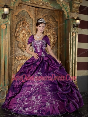 Purple Ball Gown Strapless Floor-length Taffeta Embroidery Quinceanera Dress