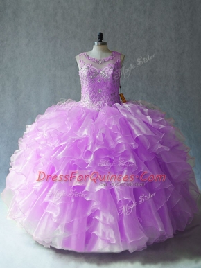 Lilac Ball Gowns Organza Scoop Sleeveless Beading and Ruffles Floor Length Lace Up Sweet 16 Dresses
