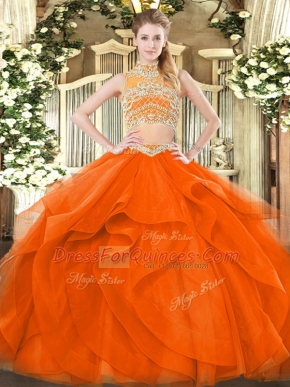 Orange Red Sleeveless Beading and Ruffles Floor Length Sweet 16 Dresses