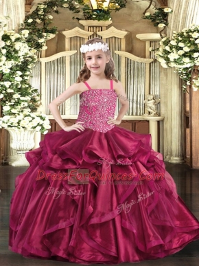 Dramatic Organza Straps Sleeveless Lace Up Beading and Ruffles Little Girl Pageant Dress in Fuchsia