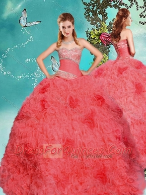 Classical Big Puffy Coral Red Quinceanera Dress with Beading and Ruffles
