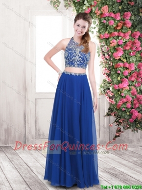 Beautiful Brush Train Halter Top Prom Dresses in Blue