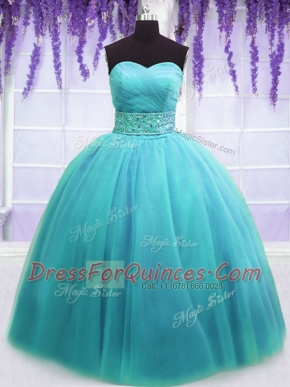 Admirable Sleeveless Tulle Floor Length Lace Up Sweet 16 Dresses in Blue with Belt